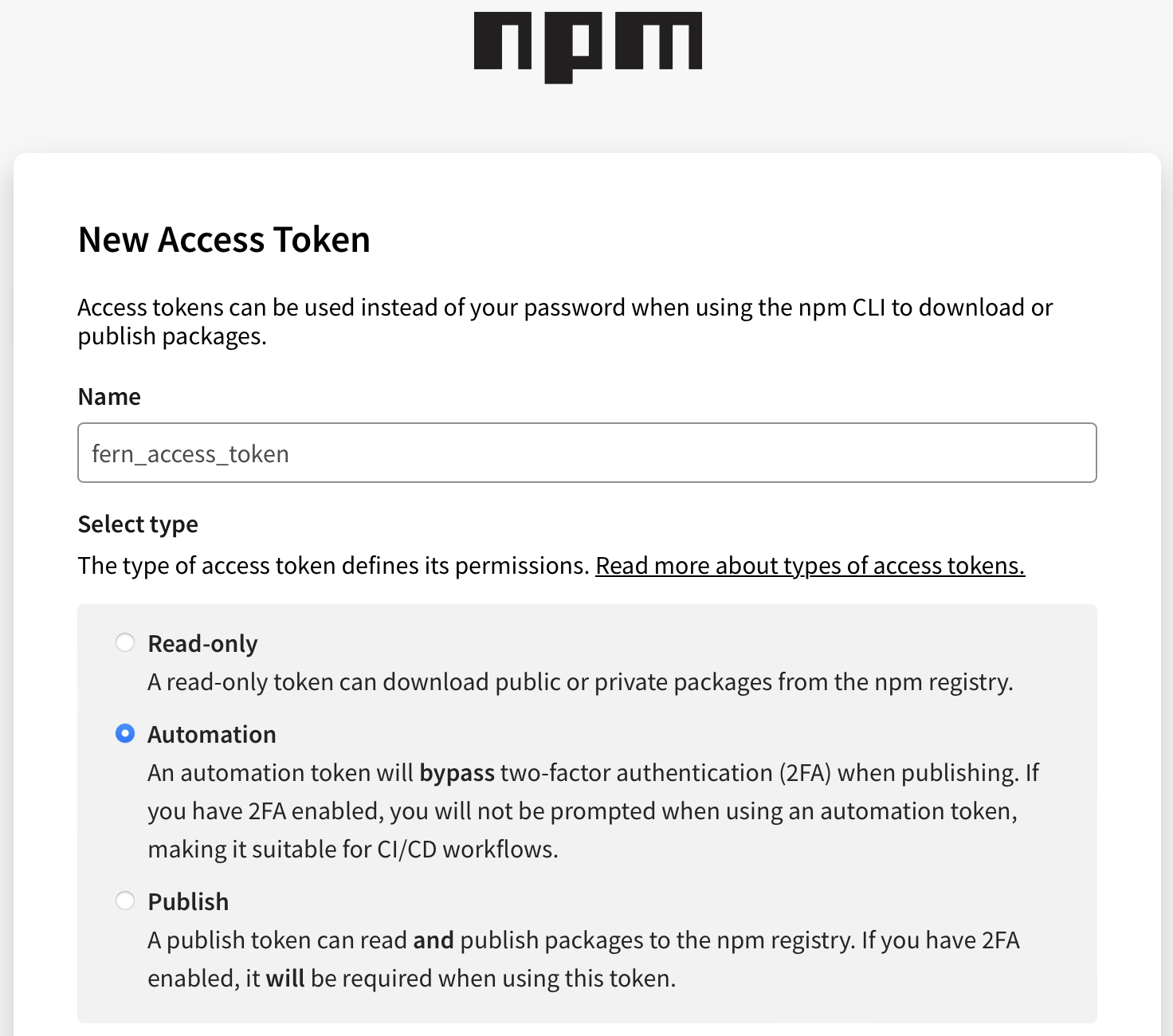 Creating NPM Automation Token
